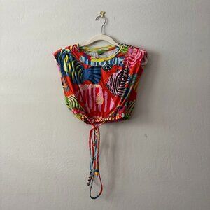 Farm Rio "Peixes" Fish Print Crop Top with Tie
